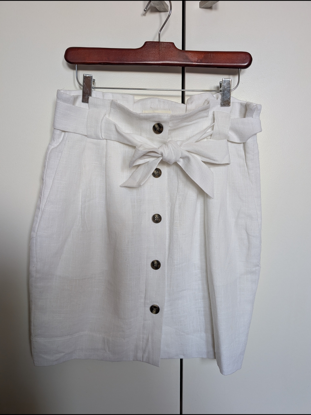 H&M White Linen Blend Button-Front Tie-Waist Mini Skirt Belted Size 8
